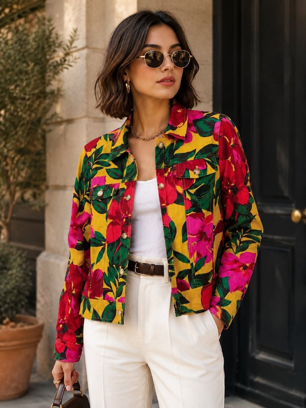 Jones New York Tropical Floral Linen Blend Jacket | Large